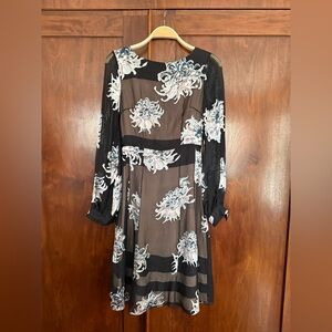 Black Floral Carolina Herrera  Sheer Long-Sleeve Dress